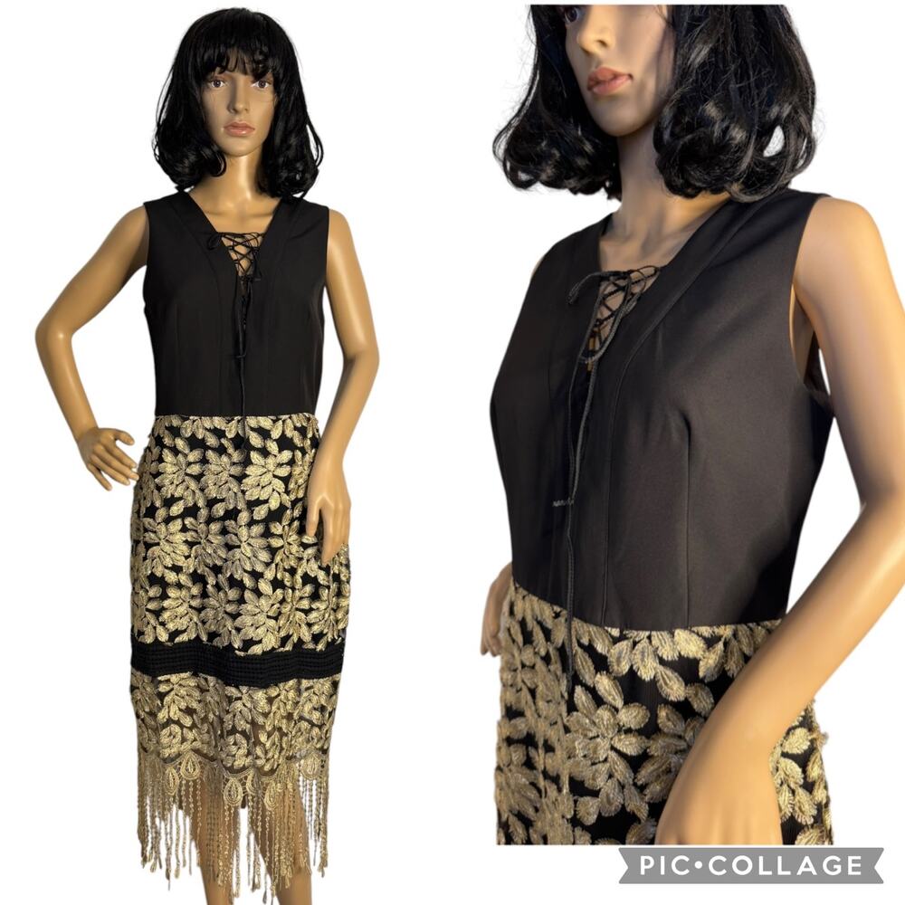 Belle Badgley Mischka Black & Gold Fringe Hem Formal sleeveless Dress 12